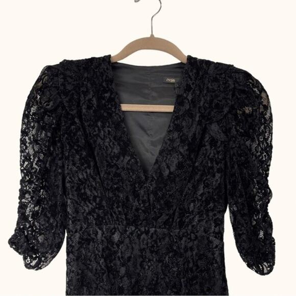 Maje | Rimael Black Velvet Flocked Lace Puff Sleeve Mini Dress Size 1 US S - Picture 4 of 11